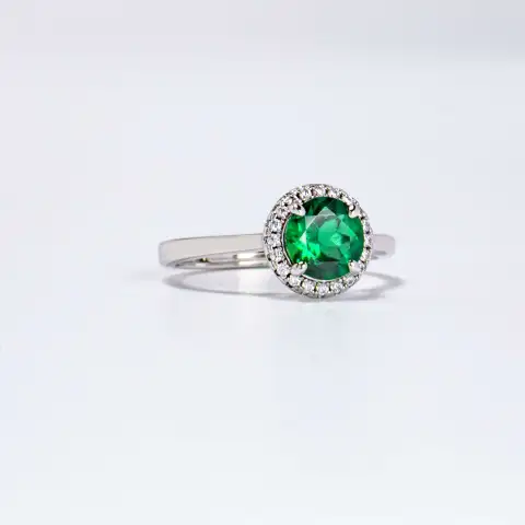 1CT Synthetic Emerald Round Brilliant Cut Ring
